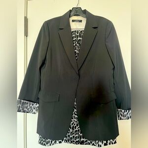 Elite Tahari Suit Pinstriped Black with Leopard Skirt and Cuffs; fully lined